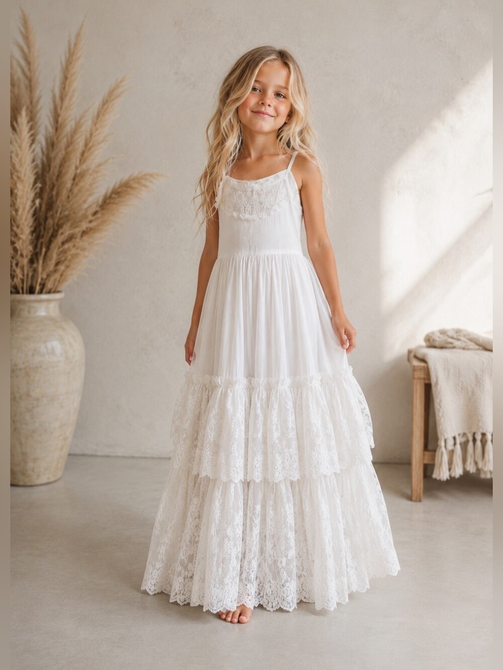 Boutique Girls Size 6 White Lace Boho Maxi Dress